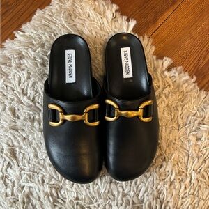 Steve Madden Black Mules with Gold Accent